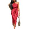 imagePRETTYGARDEN Womens Summer Ruched Bodycon Dress Sleeveless One Shoulder Wrap Satin Wedding Guest Cocktail Midi DressRed