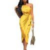 imagePRETTYGARDEN Womens Summer Ruched Bodycon Dress Sleeveless One Shoulder Wrap Satin Wedding Guest Cocktail Midi DressYellow