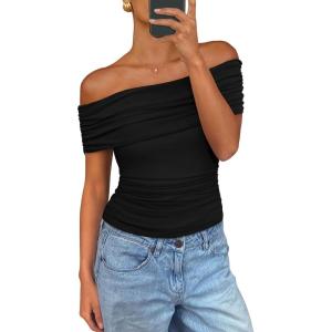 imagePRETTYGARDEN Off The Shoulder Tops for Women 2025 Summer Short Sleeve Ruched Slim Fit Shirts Blouses Y2K Going Out TopBlack