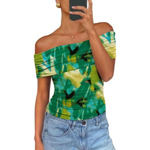 imagePRETTYGARDEN Off The Shoulder Tops for Women 2025 Summer Short Sleeve Ruched Slim Fit Shirts Blouses Y2K Going Out TopFloral Green