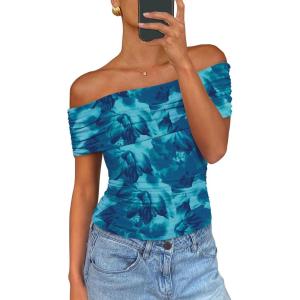 imagePRETTYGARDEN Off The Shoulder Tops for Women 2025 Summer Short Sleeve Ruched Slim Fit Shirts Blouses Y2K Going Out TopFloral Lake Blue