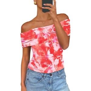 imagePRETTYGARDEN Off The Shoulder Tops for Women 2025 Summer Short Sleeve Ruched Slim Fit Shirts Blouses Y2K Going Out TopFloral Light Orange