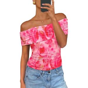 imagePRETTYGARDEN Off The Shoulder Tops for Women 2025 Summer Short Sleeve Ruched Slim Fit Shirts Blouses Y2K Going Out TopFloral Pink
