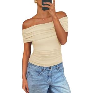 imagePRETTYGARDEN Off The Shoulder Tops for Women 2025 Summer Short Sleeve Ruched Slim Fit Shirts Blouses Y2K Going Out TopLight Apricot