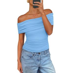 imagePRETTYGARDEN Off The Shoulder Tops for Women 2025 Summer Short Sleeve Ruched Slim Fit Shirts Blouses Y2K Going Out TopLight Blue