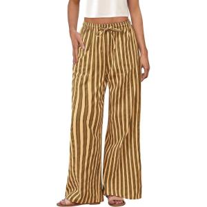 imagePRETTYGARDEN Women Striped Pants 2025 Summer Casual Trendy Lightweight Wide Leg Drawstring Lounge Pajama Trouser with PocketsStriped Khaki Army Green