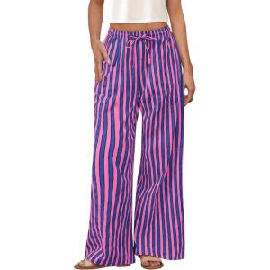 imagePRETTYGARDEN Women Striped Pants 2025 Summer Casual Trendy Lightweight Wide Leg Drawstring Lounge Pajama Trouser with PocketsStriped Rose Pink Dark Blue