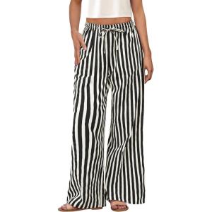 imagePRETTYGARDEN Women Striped Pants 2025 Summer Casual Trendy Lightweight Wide Leg Drawstring Lounge Pajama Trouser with PocketsStriped White Black