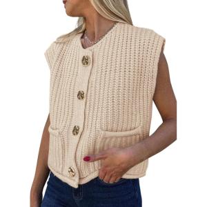 imagePRETTYGARDEN Womens Sweaters Vest 2025 Sleeveless Button Down Cropped Chunky Knit Cardigan Trendy Tank Tops with PocketsBeige