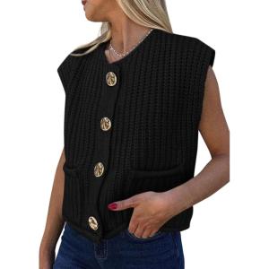 imagePRETTYGARDEN Womens Sweaters Vest 2025 Sleeveless Button Down Cropped Chunky Knit Cardigan Trendy Tank Tops with PocketsBlack