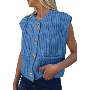 imagePRETTYGARDEN Womens Sweaters Vest 2025 Sleeveless Button Down Cropped Chunky Knit Cardigan Trendy Tank Tops with PocketsBlue