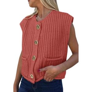 imagePRETTYGARDEN Womens Sweaters Vest 2025 Sleeveless Button Down Cropped Chunky Knit Cardigan Trendy Tank Tops with PocketsBrick Red