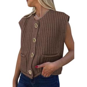 imagePRETTYGARDEN Womens Sweaters Vest 2025 Sleeveless Button Down Cropped Chunky Knit Cardigan Trendy Tank Tops with PocketsCoffee