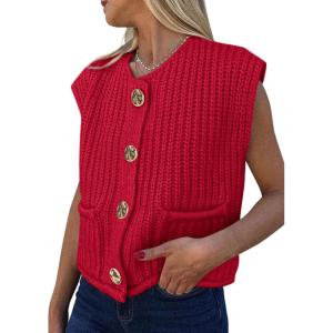 imagePRETTYGARDEN Womens Sweaters Vest 2025 Sleeveless Button Down Cropped Chunky Knit Cardigan Trendy Tank Tops with PocketsRed