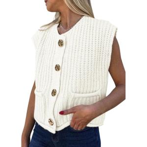 imagePRETTYGARDEN Womens Sweaters Vest 2025 Sleeveless Button Down Cropped Chunky Knit Cardigan Trendy Tank Tops with PocketsWhite
