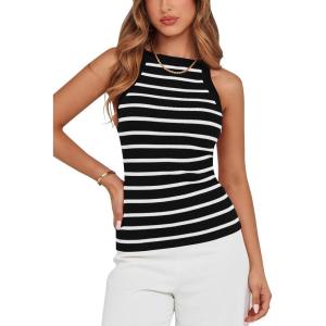 imagePRETTYGARDEN Womens Tops Dressy Casual Halter Neck Going Out Tank Tops for Women 2025 Slim Fit Ribbed Striped Summer TanksBlack