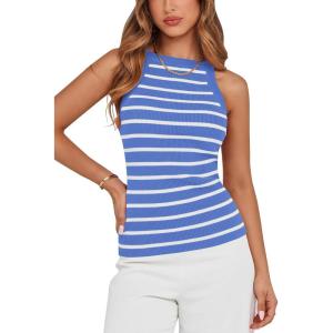 imagePRETTYGARDEN Womens Tops Dressy Casual Halter Neck Going Out Tank Tops for Women 2025 Slim Fit Ribbed Striped Summer TanksBlue