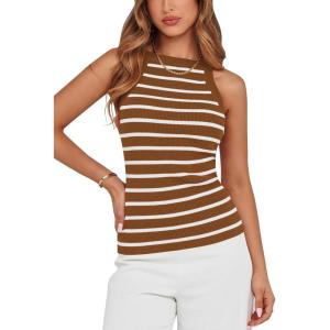 imagePRETTYGARDEN Womens Tops Dressy Casual Halter Neck Going Out Tank Tops for Women 2025 Slim Fit Ribbed Striped Summer TanksCoffee
