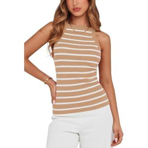 imagePRETTYGARDEN Womens Tops Dressy Casual Halter Neck Going Out Tank Tops for Women 2025 Slim Fit Ribbed Striped Summer TanksLight Khaki