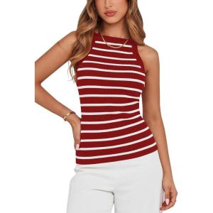 imagePRETTYGARDEN Womens Tops Dressy Casual Halter Neck Going Out Tank Tops for Women 2025 Slim Fit Ribbed Striped Summer TanksRed