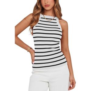 imagePRETTYGARDEN Womens Tops Dressy Casual Halter Neck Going Out Tank Tops for Women 2025 Slim Fit Ribbed Striped Summer TanksWhite