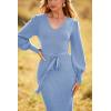 imagePRETTYGARDEN Womens Fall Knit Pullover Sweater Dress Elegant Long Lantern Sleeve V Neck Winter Maxi Bodycon DressesSky Blue