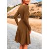 imagePRETTYGARDEN Womens Fall Short Dress Ribbed Knit Crewneck Long Sleeve A Line Flowy Casual Elegant Cute Going Out DressesBrown
