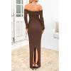 imagePRETTYGARDEN Womens Winter Sweater Dress Long Sleeve Off Shoulder Slit Maxi Bodycon Cocktail Party DressesDark Brown
