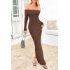 imagePRETTYGARDEN Womens Winter Sweater Dress Long Sleeve Off Shoulder Slit Maxi Bodycon Cocktail Party DressesDark Brown