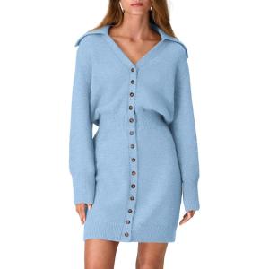 imagePRETTYGARDEN Sweater Dresses for Women 2025 Trendy Long Sleeve Button Down Short Spring DressLight Blue