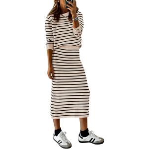 imagePRETTYGARDEN Womens 2 Piece Striped Sweater Set Casual Fall Long Sleeve Knit Pullover Midi Skirts Matching Travel OutfitsApricot Stripe