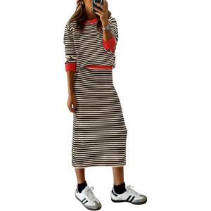 imagePRETTYGARDEN Womens 2 Piece Striped Sweater Set Casual Fall Long Sleeve Knit Pullover Midi Skirts Matching Travel OutfitsBeige Black Stripe