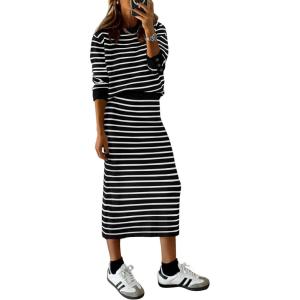 imagePRETTYGARDEN Womens 2 Piece Striped Sweater Set Casual Fall Long Sleeve Knit Pullover Midi Skirts Matching Travel OutfitsBlack Stripe