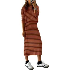 imagePRETTYGARDEN Womens 2 Piece Striped Sweater Set Casual Fall Long Sleeve Knit Pullover Midi Skirts Matching Travel OutfitsBrick Red Stripe