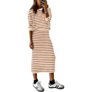 imagePRETTYGARDEN Womens 2 Piece Striped Sweater Set Casual Fall Long Sleeve Knit Pullover Midi Skirts Matching Travel OutfitsCaramel Stripe