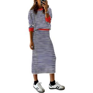 imagePRETTYGARDEN Womens 2 Piece Striped Sweater Set Casual Fall Long Sleeve Knit Pullover Midi Skirts Matching Travel OutfitsDark Blue Stripe