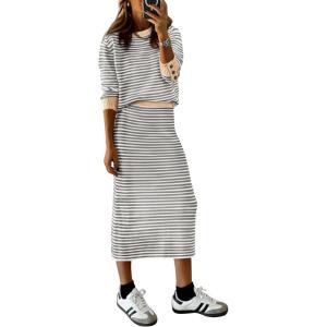 imagePRETTYGARDEN Womens 2 Piece Striped Sweater Set Casual Fall Long Sleeve Knit Pullover Midi Skirts Matching Travel OutfitsGrey Stripe