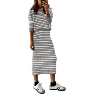 imagePRETTYGARDEN Womens 2 Piece Striped Sweater Set Casual Fall Long Sleeve Knit Pullover Midi Skirts Matching Travel OutfitsGrey White Stripe