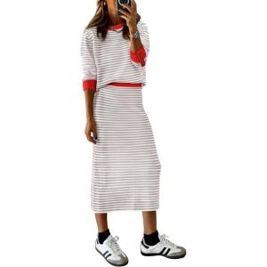 imagePRETTYGARDEN Womens 2 Piece Striped Sweater Set Casual Fall Long Sleeve Knit Pullover Midi Skirts Matching Travel OutfitsLight Grey Stripe