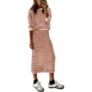 imagePRETTYGARDEN Womens 2 Piece Striped Sweater Set Casual Fall Long Sleeve Knit Pullover Midi Skirts Matching Travel OutfitsOrange Stripe