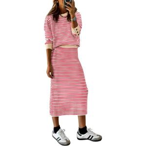 imagePRETTYGARDEN Womens 2 Piece Striped Sweater Set Casual Fall Long Sleeve Knit Pullover Midi Skirts Matching Travel OutfitsPink Stripe