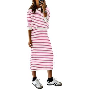 imagePRETTYGARDEN Womens 2 Piece Striped Sweater Set Casual Fall Long Sleeve Knit Pullover Midi Skirts Matching Travel OutfitsRose Red Stripe