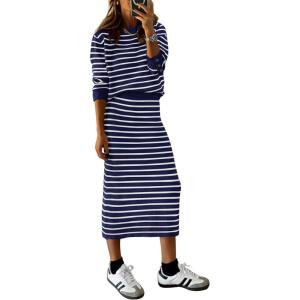 imagePRETTYGARDEN Womens 2 Piece Striped Sweater Set Casual Fall Long Sleeve Knit Pullover Midi Skirts Matching Travel OutfitsRoyal Blue White Stripe