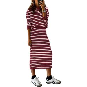 imagePRETTYGARDEN Womens 2 Piece Striped Sweater Set Casual Fall Long Sleeve Knit Pullover Midi Skirts Matching Travel OutfitsWine Red White Stripe