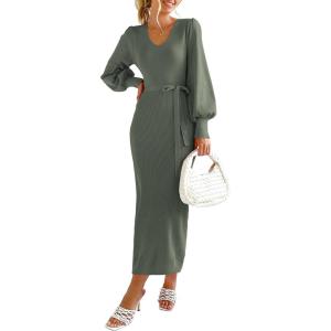 imagePRETTYGARDEN Womens Fall Knit Pullover Sweater Dress Elegant Long Lantern Sleeve V Neck Winter Maxi Bodycon DressesArmy Green