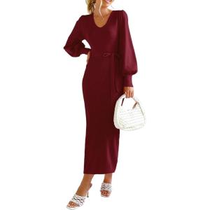 imagePRETTYGARDEN Womens Fall Knit Pullover Sweater Dress Elegant Long Lantern Sleeve V Neck Winter Maxi Bodycon DressesWine Red