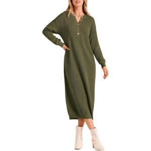 imagePRETTYGARDEN Womens Fall Knit Sweater Dress Long Sleeve Button V Neck Loose Casual Maxi DressesArmy Green