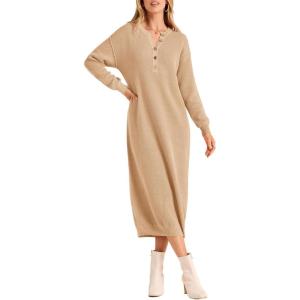 imagePRETTYGARDEN Womens Fall Knit Sweater Dress Long Sleeve Button V Neck Loose Casual Maxi DressesBeige