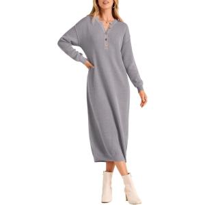 imagePRETTYGARDEN Womens Fall Knit Sweater Dress Long Sleeve Button V Neck Loose Casual Maxi DressesGrey