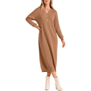 imagePRETTYGARDEN Womens Fall Knit Sweater Dress Long Sleeve Button V Neck Loose Casual Maxi DressesKhaki